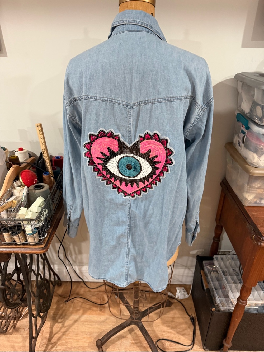Light Wash Denim Shirt with Pink Eye Heart Back Patch